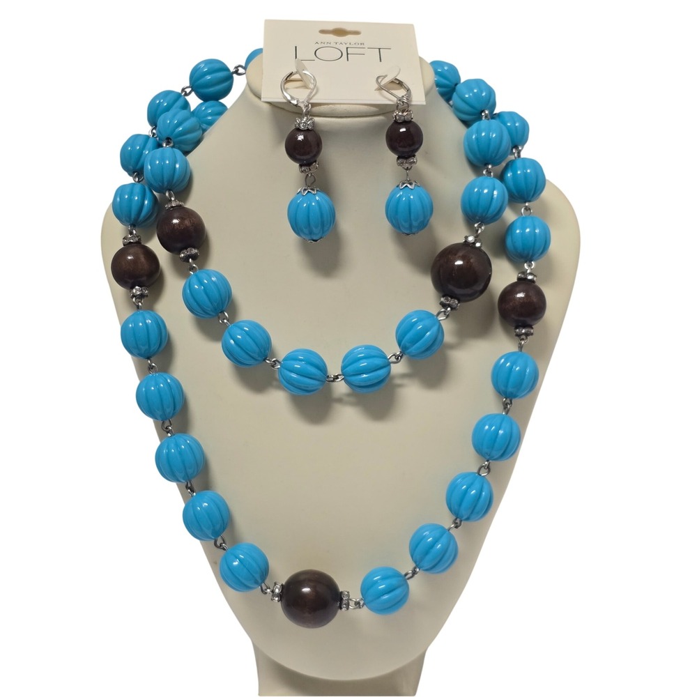 Ann Taylor Loft Necklace and Earrings Set Turquoise Brown Beaded Jewelry NWT